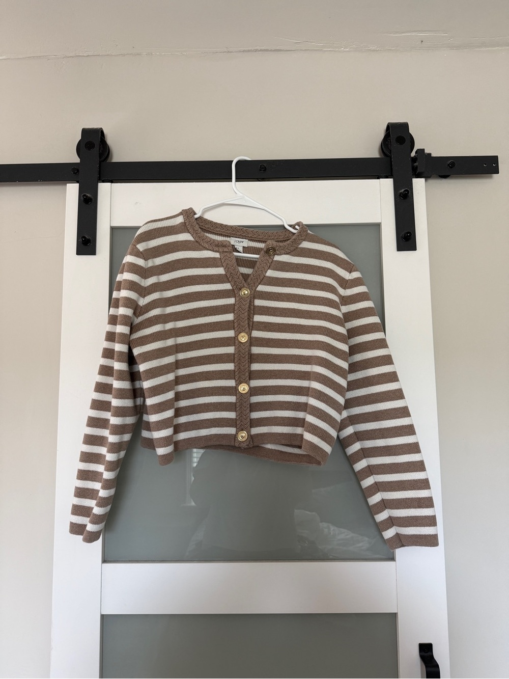 J. Crew Brown and White Striped Cropped Cardigan with Gold Buttons